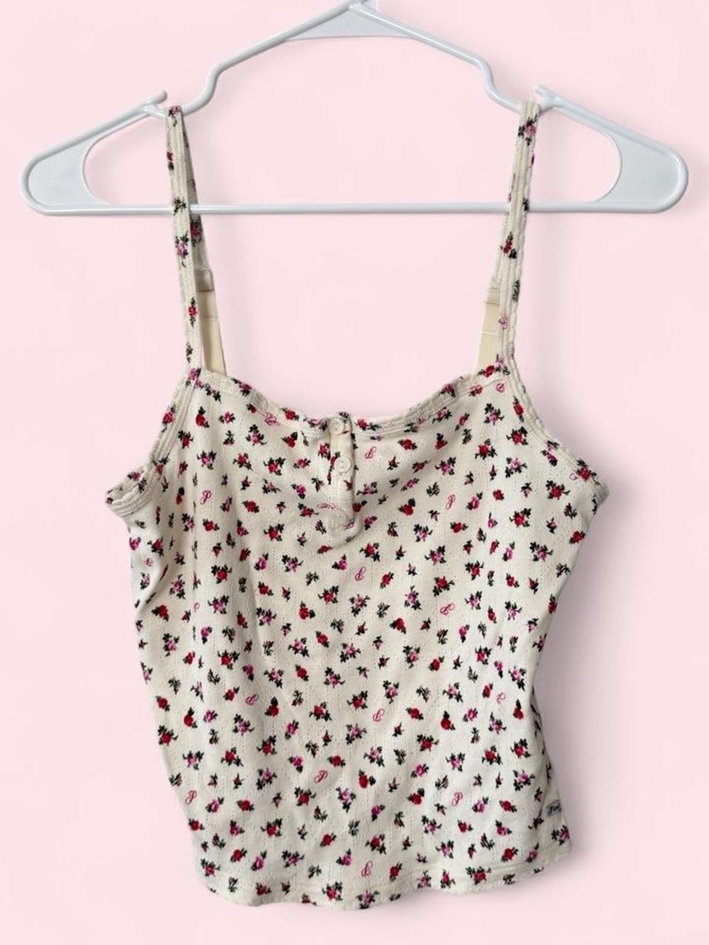 Victoria's Secret Cream Floral Ribbed Camisole with Pink & Red Print